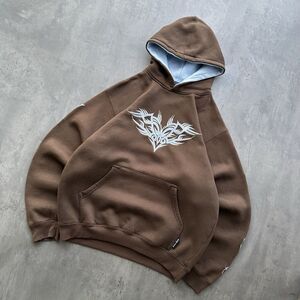 VTG 90s Y2K Silver Point Brown Grunge Tribal Hoodie Embroidered Sz XL (M/L fit)